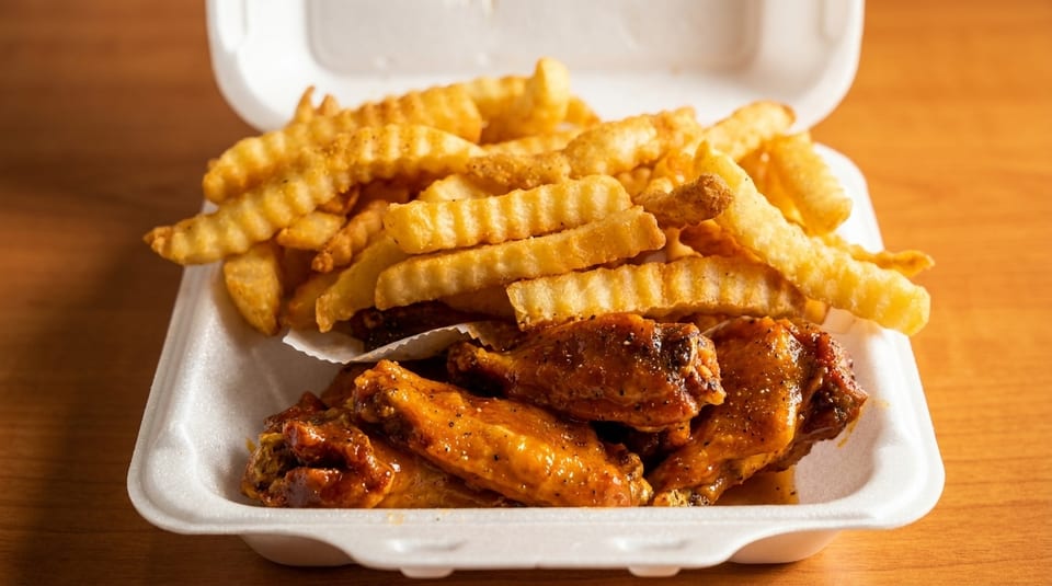 Crispy crinkle-cut fries and saucy chicken wings in a white takeout container on a wooden table.