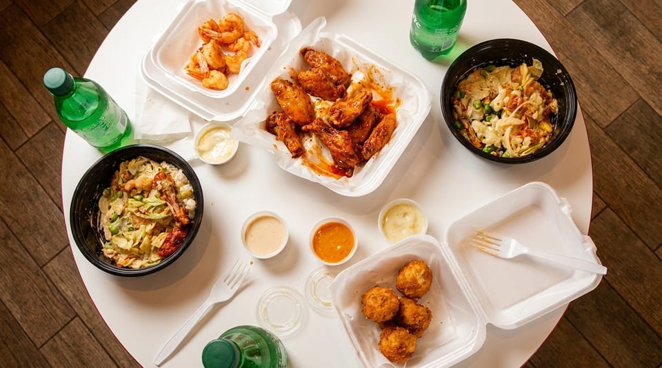 Tabletop view of takeout containers with chicken wings, shrimp, salads, hush puppies, and sodas.