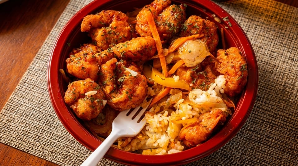 Close-up of a red bowl filled with fried shrimp, rice, and sautéed vegetables, with a white fork.