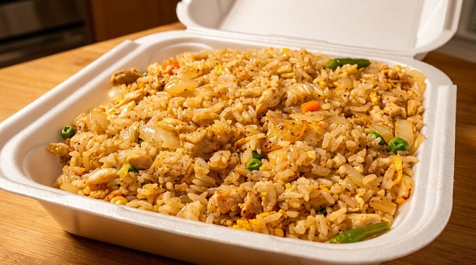 Chicken fried rice with peas, carrots, and onions in a white takeout container on a wooden table.