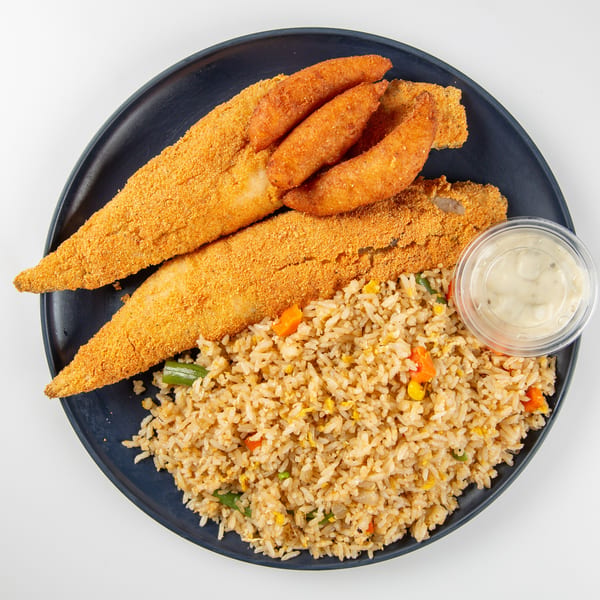 Fried fish fillets, hush puppies, vegetable fried rice, and tartar sauce on a dark plate.